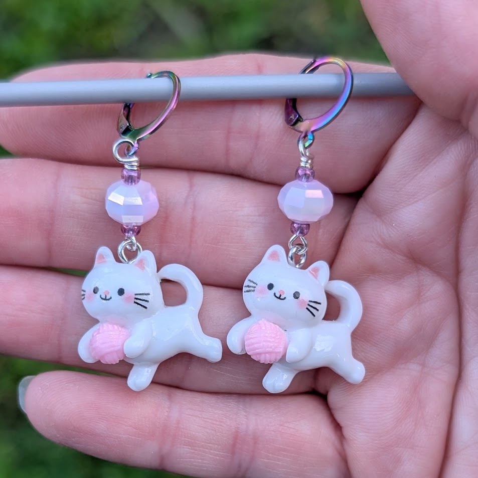 White Kittens Earrings & Stitch Markers