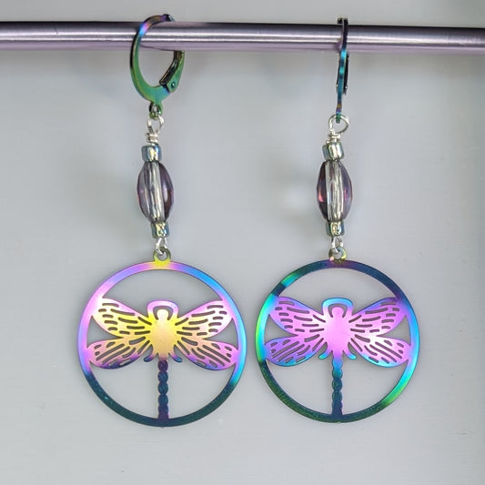 Neochrome Dragonfly Disc Earrings & Stitch Markers