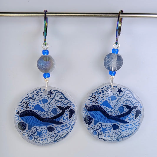 Blue Whale in the Ocean Earrings & Stitch Markers