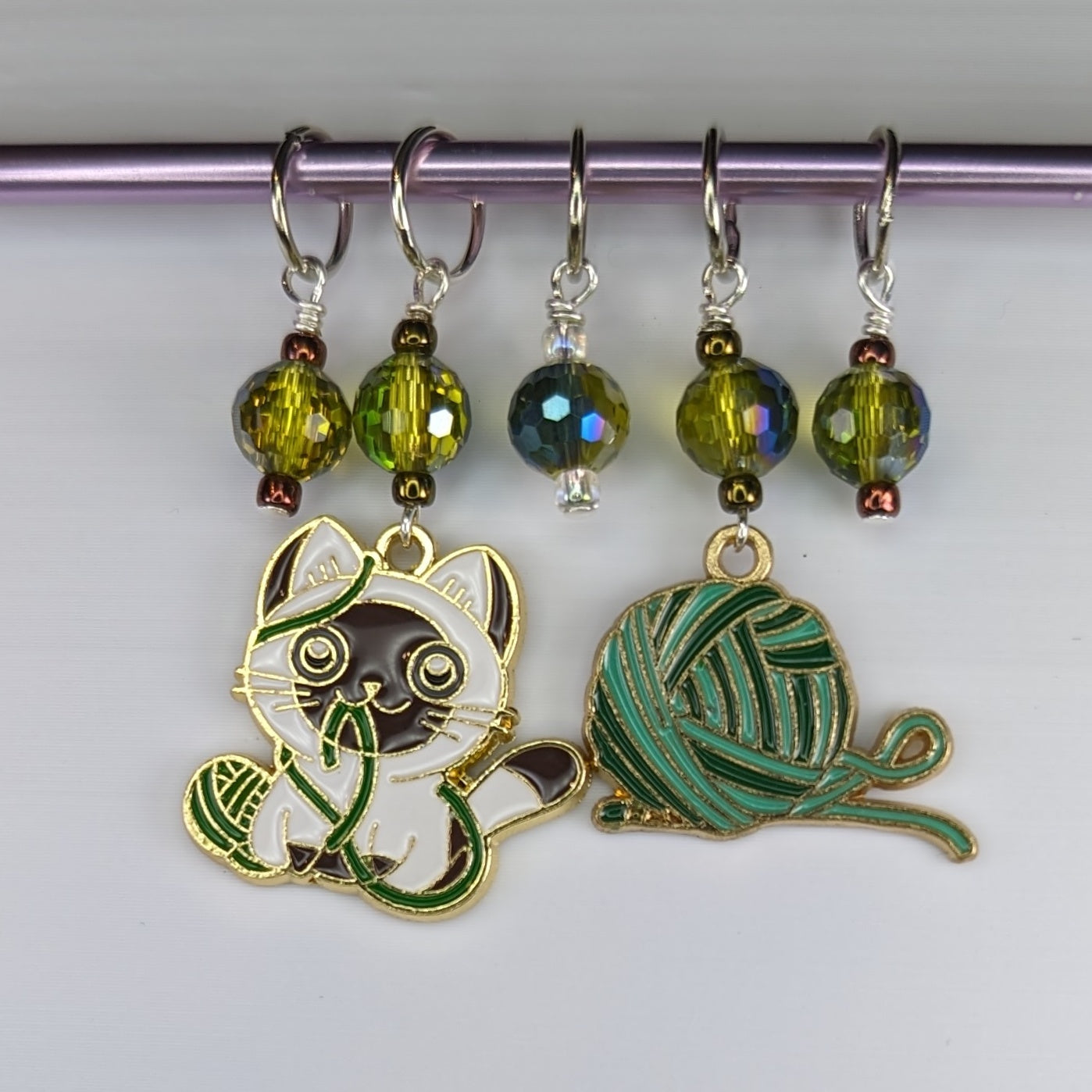 Enamel Siamese Kitten & Yarn Earrings & Stitch Markers