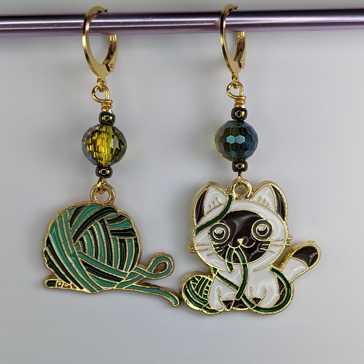 Enamel Siamese Kitten & Yarn Earrings & Stitch Markers