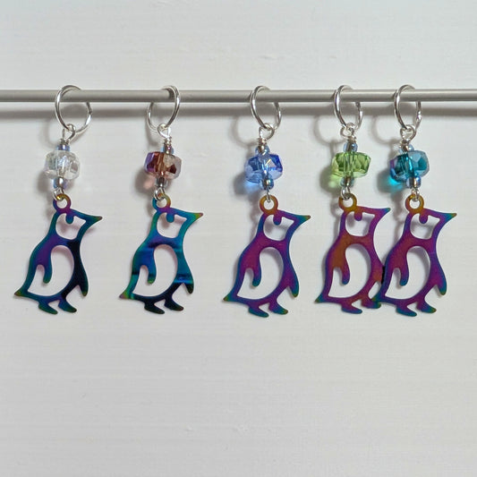 Rainbow Patina Penguin Stamped Stitch Markers & Earrings