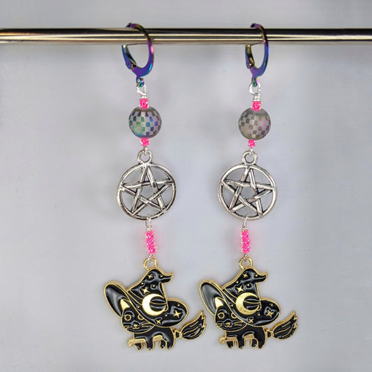 Kitty on a Broomstick Earrings & Stitch Markers