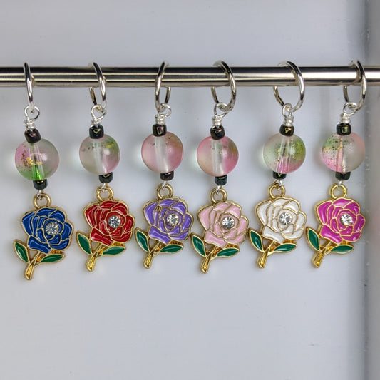 Crystal Centered Rose Enamel Earrings & Stitch Markers
