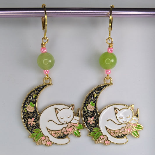 Floral Moon and Sleepy Kitten Earrings & Stitch Markers