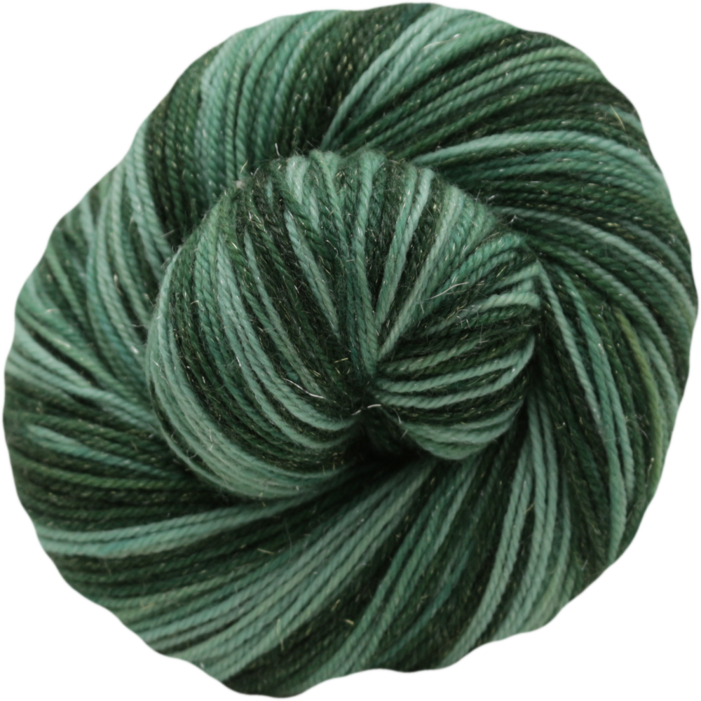 A single skein of self striping yarn in shades of forest green and teal, photographed on a clean white background.