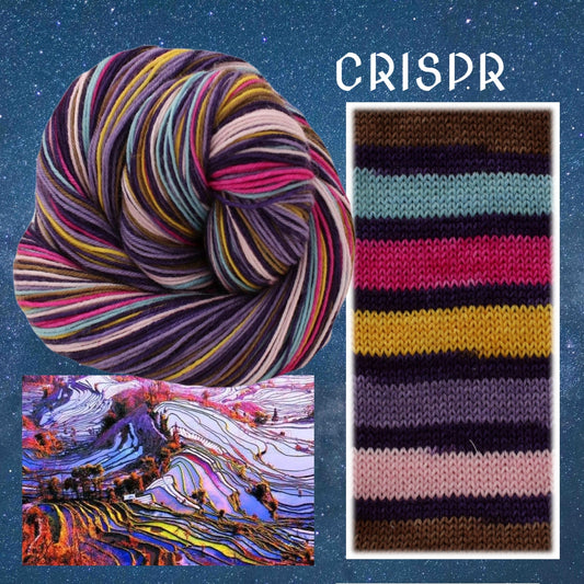 A multicolor striped yarn skein shown next to a knitted fabric swatch and a colorful landscape-style graphic, with the text 'CRISPR' on a starry blue background.
