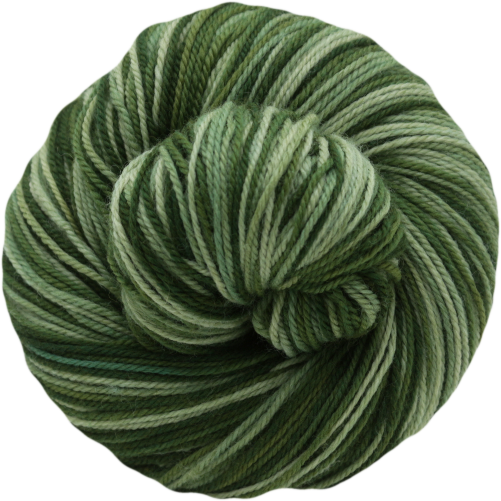A skein of self striping yarn in shades of green, including olive, sage, and mint tones, photographed on a solid white background.