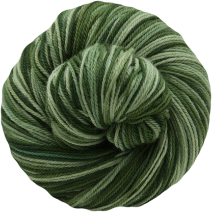 A skein of self striping yarn in shades of green, including olive, sage, and mint tones, photographed on a solid white background.