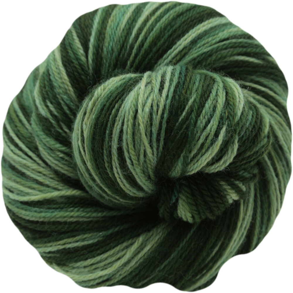 A single skein of self striping yarn in shades of forest green and olive green, isolated on a white background.