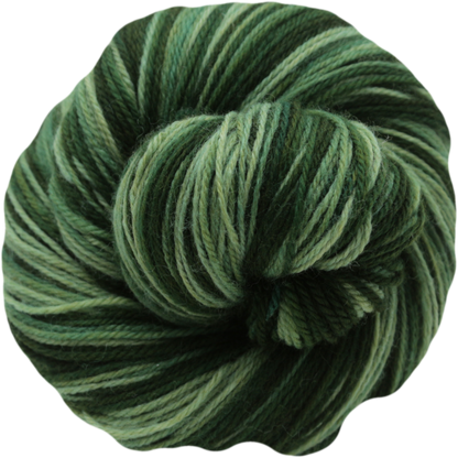 A single skein of self striping yarn in shades of forest green and olive green, isolated on a white background.