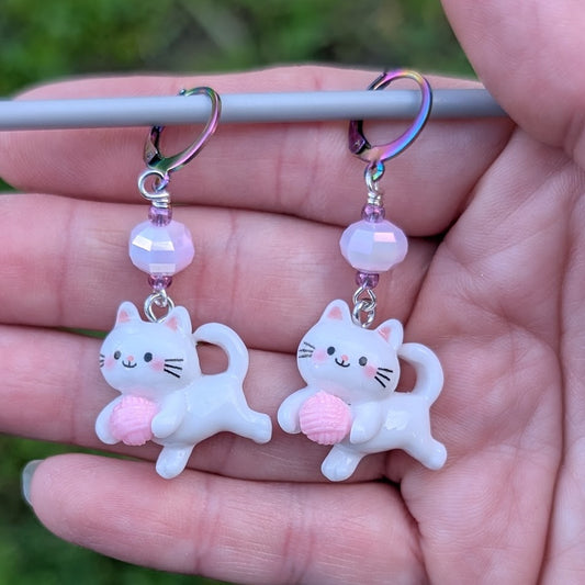 White Kittens Earrings & Stitch Markers