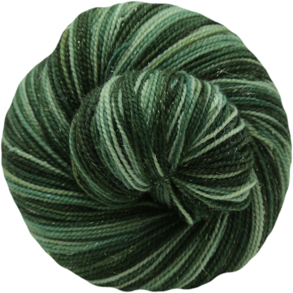 A skein of self striping yarn in shades of forest green, olive green, and dark teal, photographed on a solid white background.