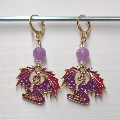 Colorful Enamel Dragons Earrings & Stitch Markers