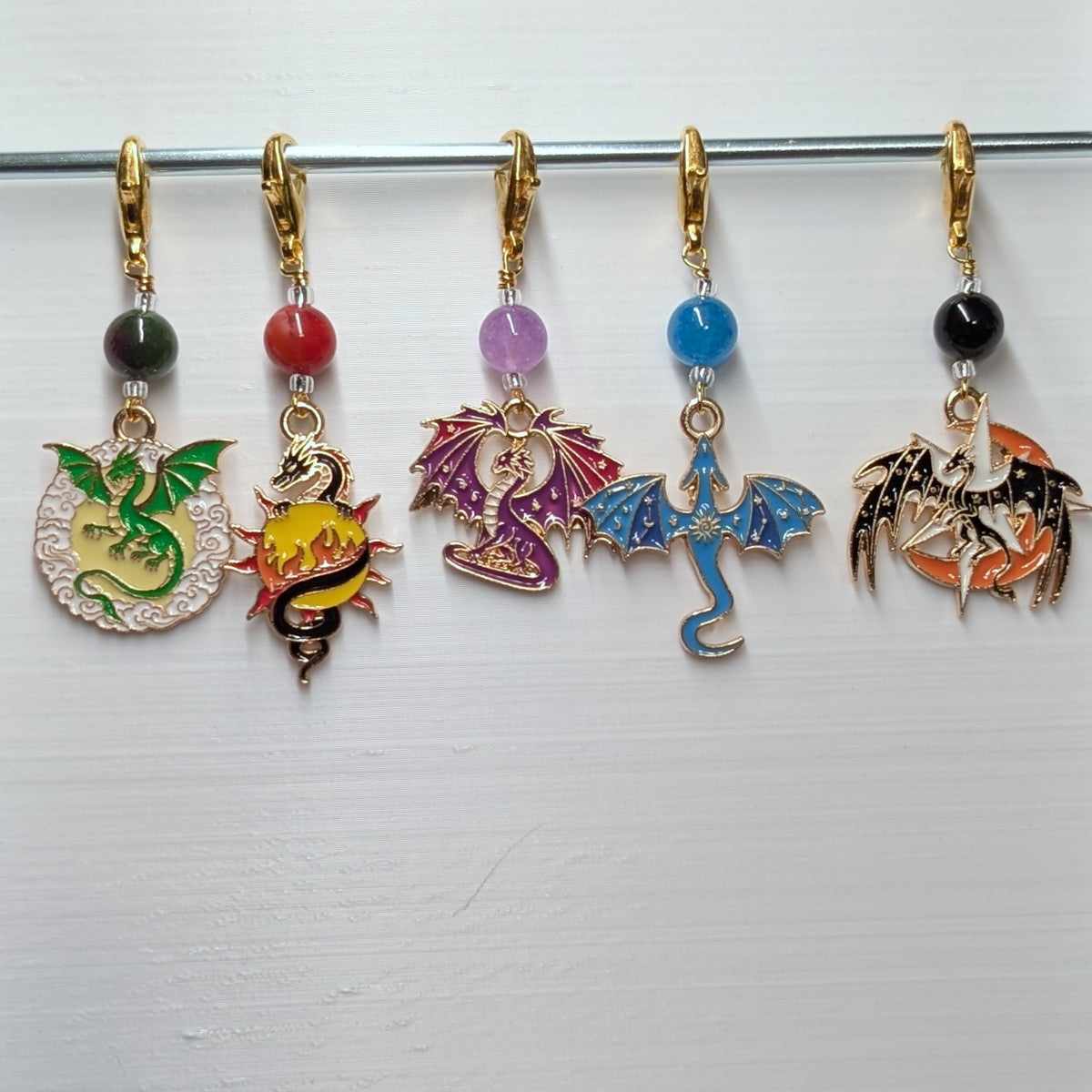 Colorful Enamel Dragons Earrings & Stitch Markers