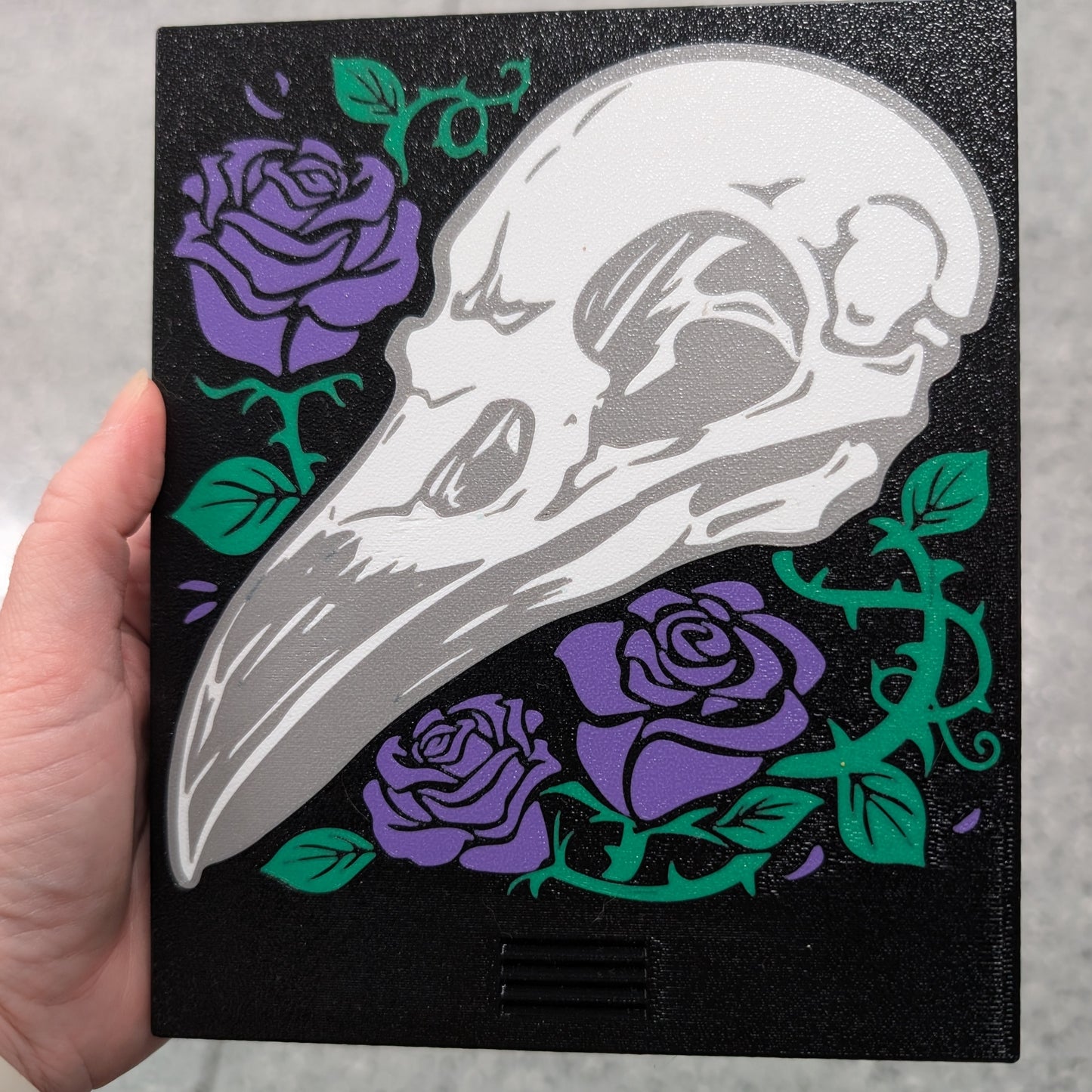 3D printed Notions Box--Raven Skull and Roses