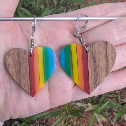 Wood and Resin Rainbow Heart Earrings & Stitch Markers