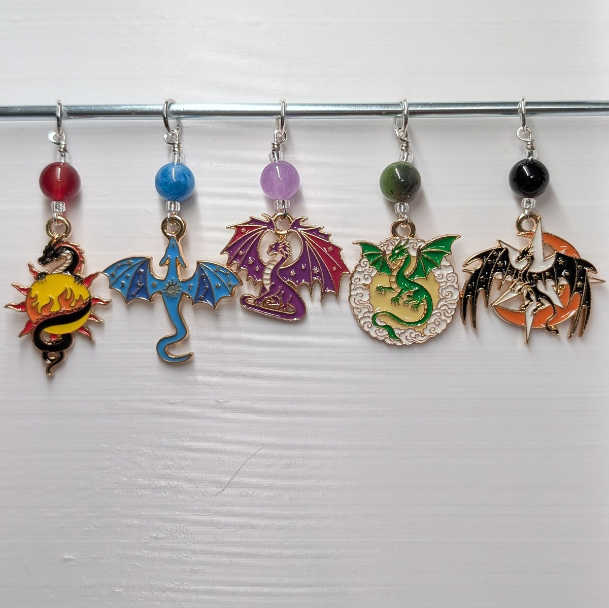 Colorful Enamel Dragons Earrings & Stitch Markers