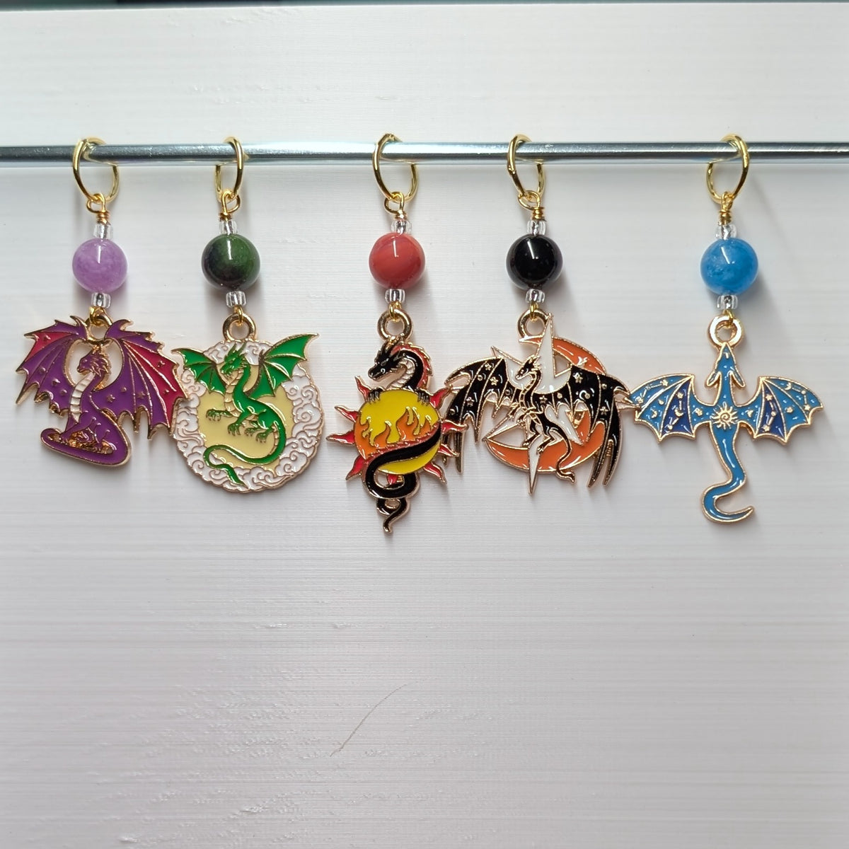 Colorful Enamel Dragons Earrings & Stitch Markers