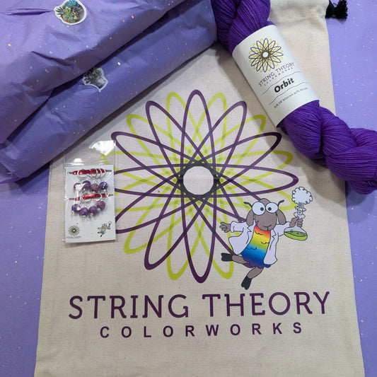 String Theory Colorworks bag with yarn and packaging on a purple background